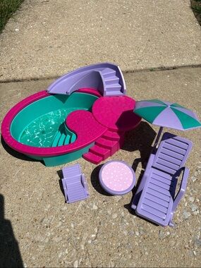 Doll Pool Playset with Loungers & Umbrella - Teal, Fuchsia, Lavender